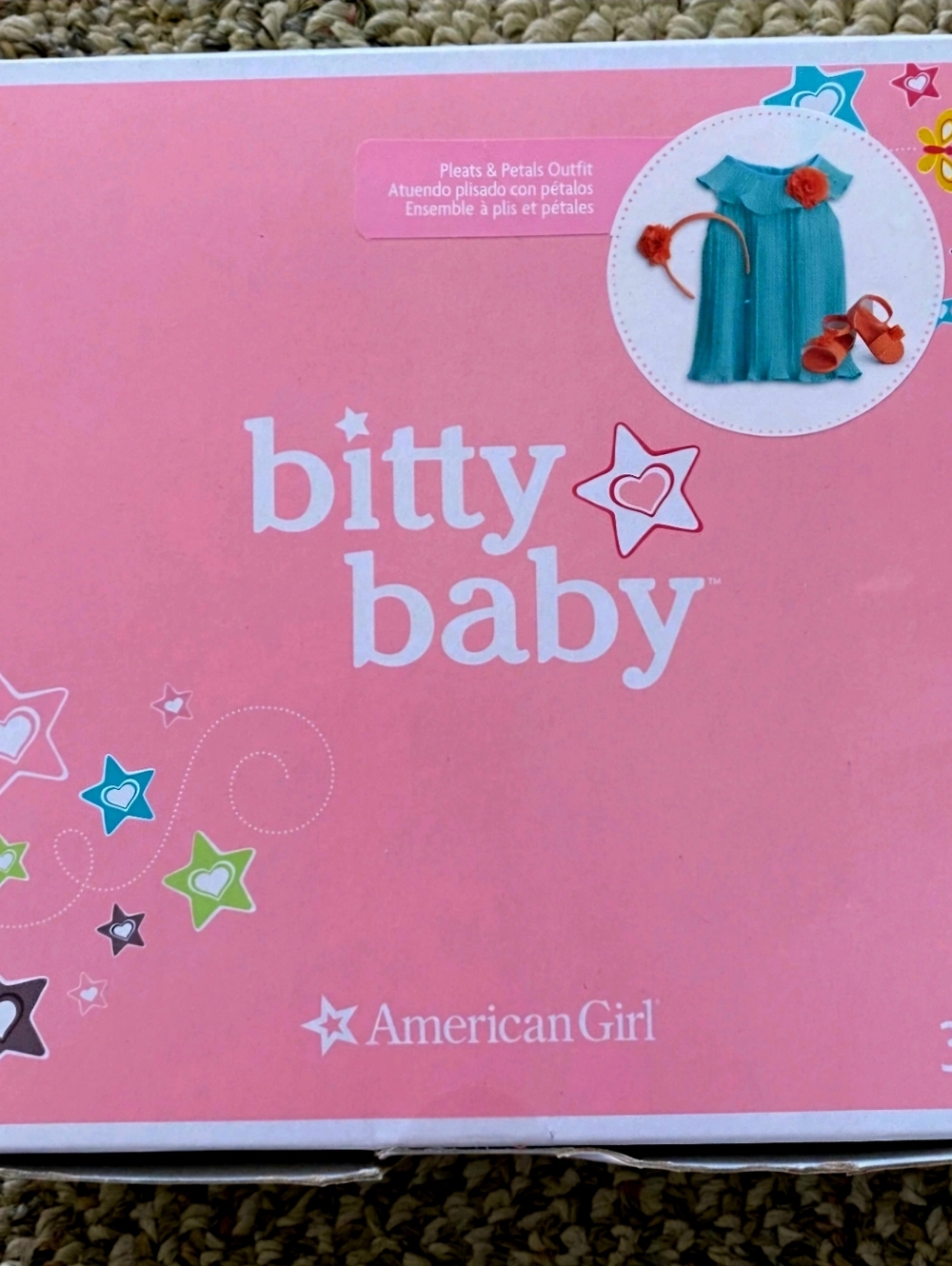 American Girl Bitty Baby Pink Box with Teal Outfit and Orange Accents